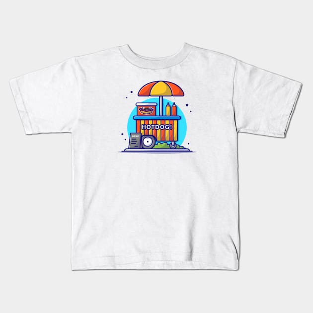 Hotdog Stand Fast Food Street Shop with Hot Dog, Sauce and Mustard Cartoon Vector Icon Illustration (2) Kids T-Shirt by Catalyst Labs